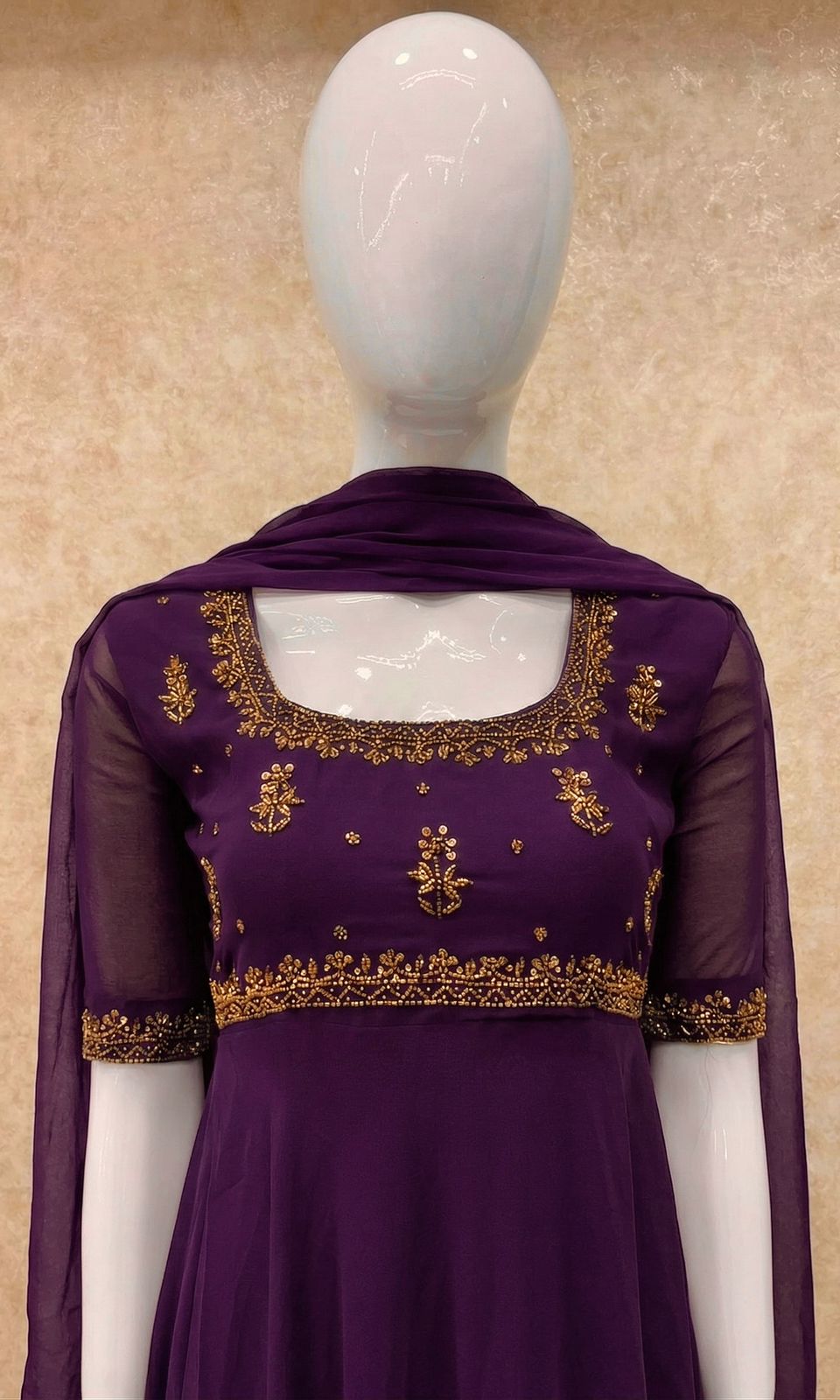 #TH209 / Georgette / Long Top Dupatta Set / Elbow sleeves / Dark Purple