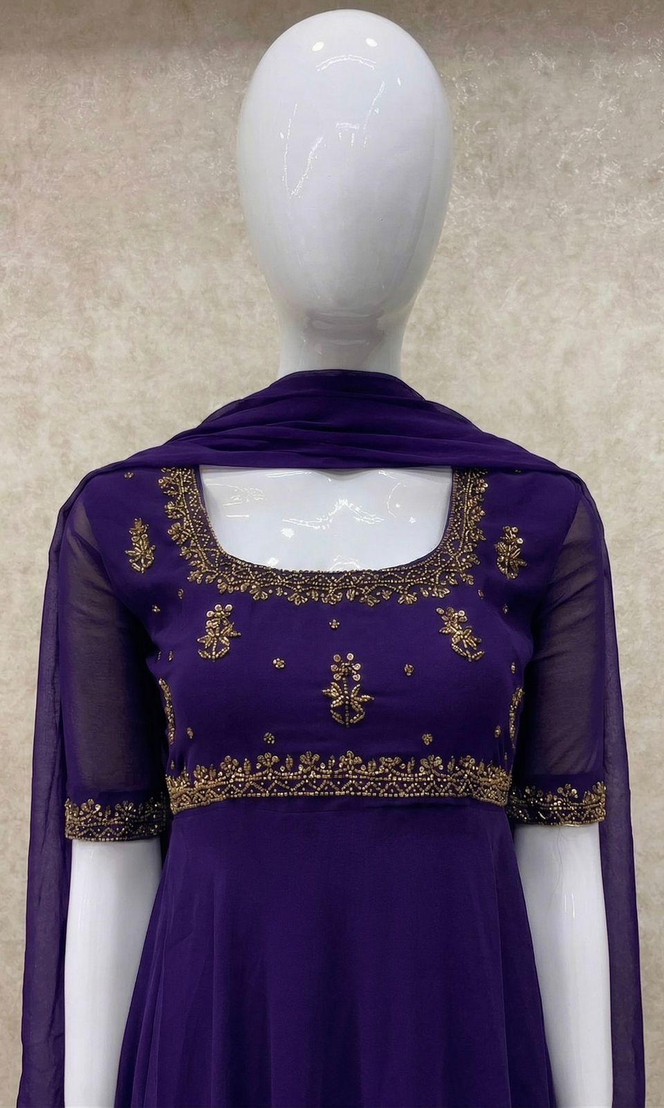 #TH209 / Georgette / Long Top Dupatta Set / Elbow sleeves / Violet