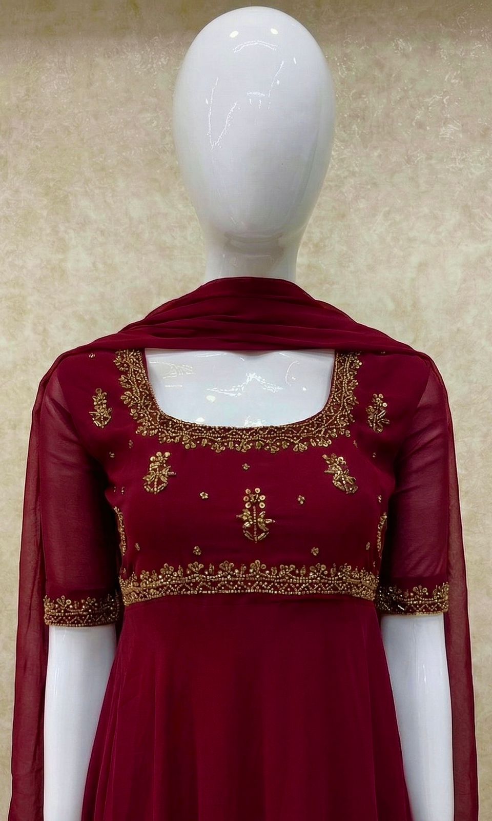 #TH209 / Georgette / Long Top Dupatta Set / Elbow sleeves / Dark Maroon