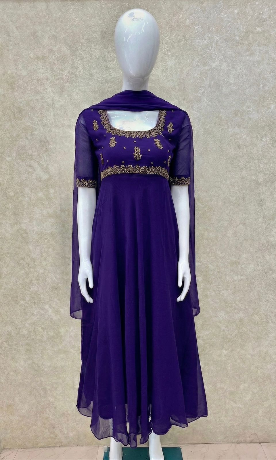 #TH209 / Georgette / Long Top Dupatta Set / Elbow sleeves / Violet - Image 2