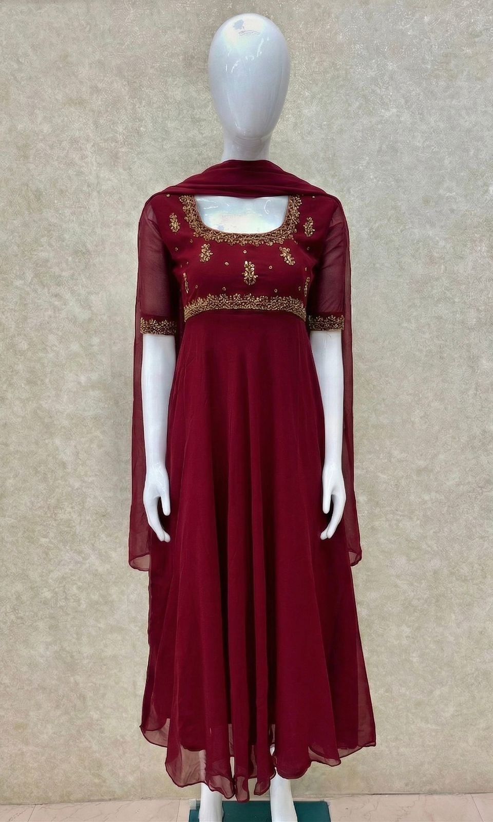 #TH209 / Georgette / Long Top Dupatta Set / Elbow sleeves / Dark Maroon - Image 2