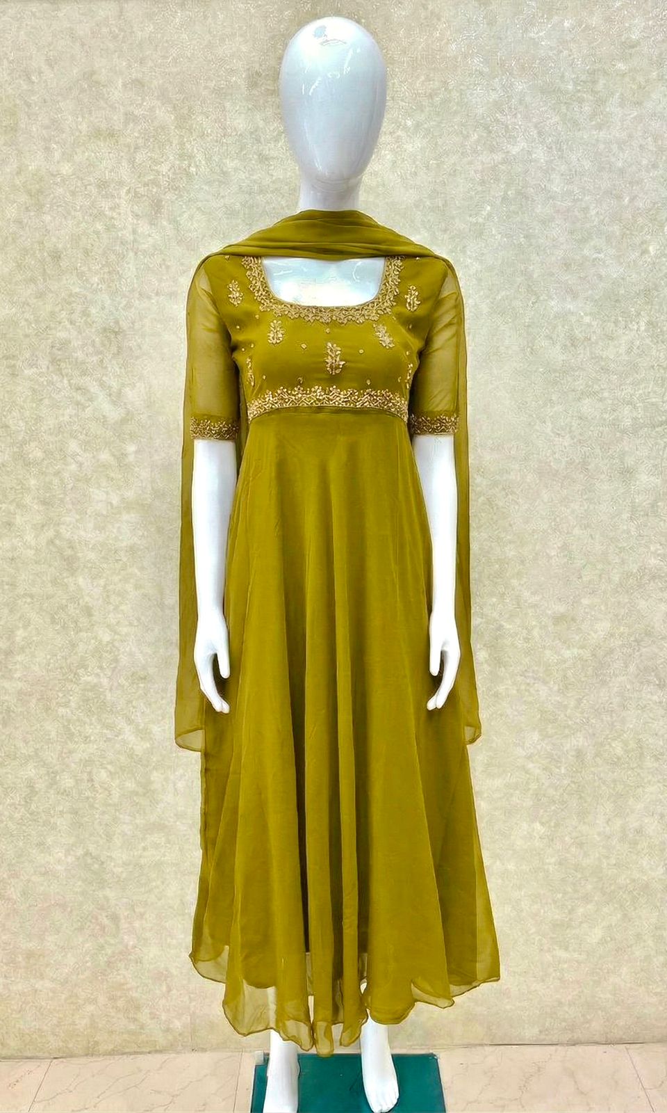 #TH209 / Georgette / Long Top Dupatta Set / Elbow sleeves / Parrot Green - Image 2