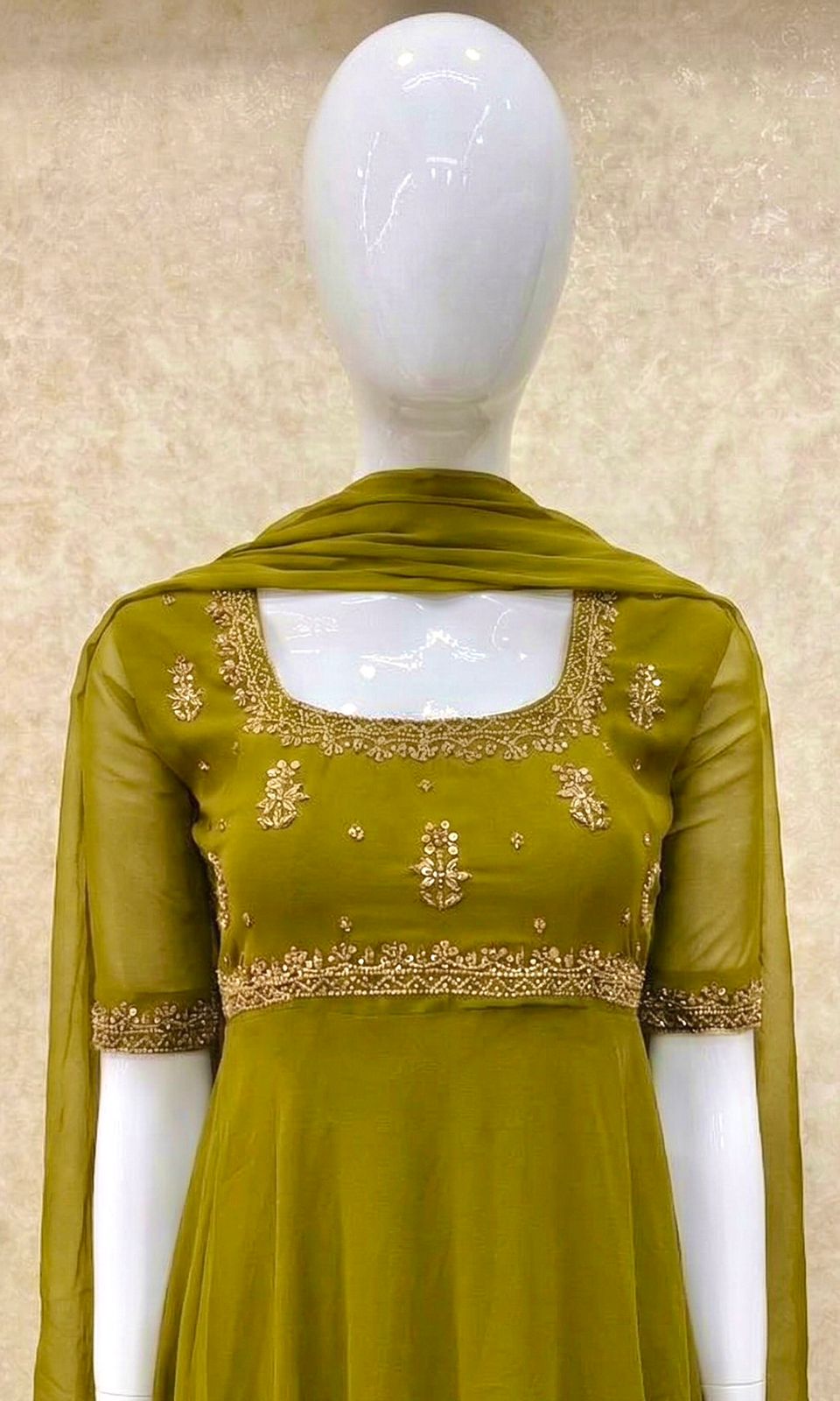 #TH209 / Georgette / Long Top Dupatta Set / Elbow sleeves / Parrot Green