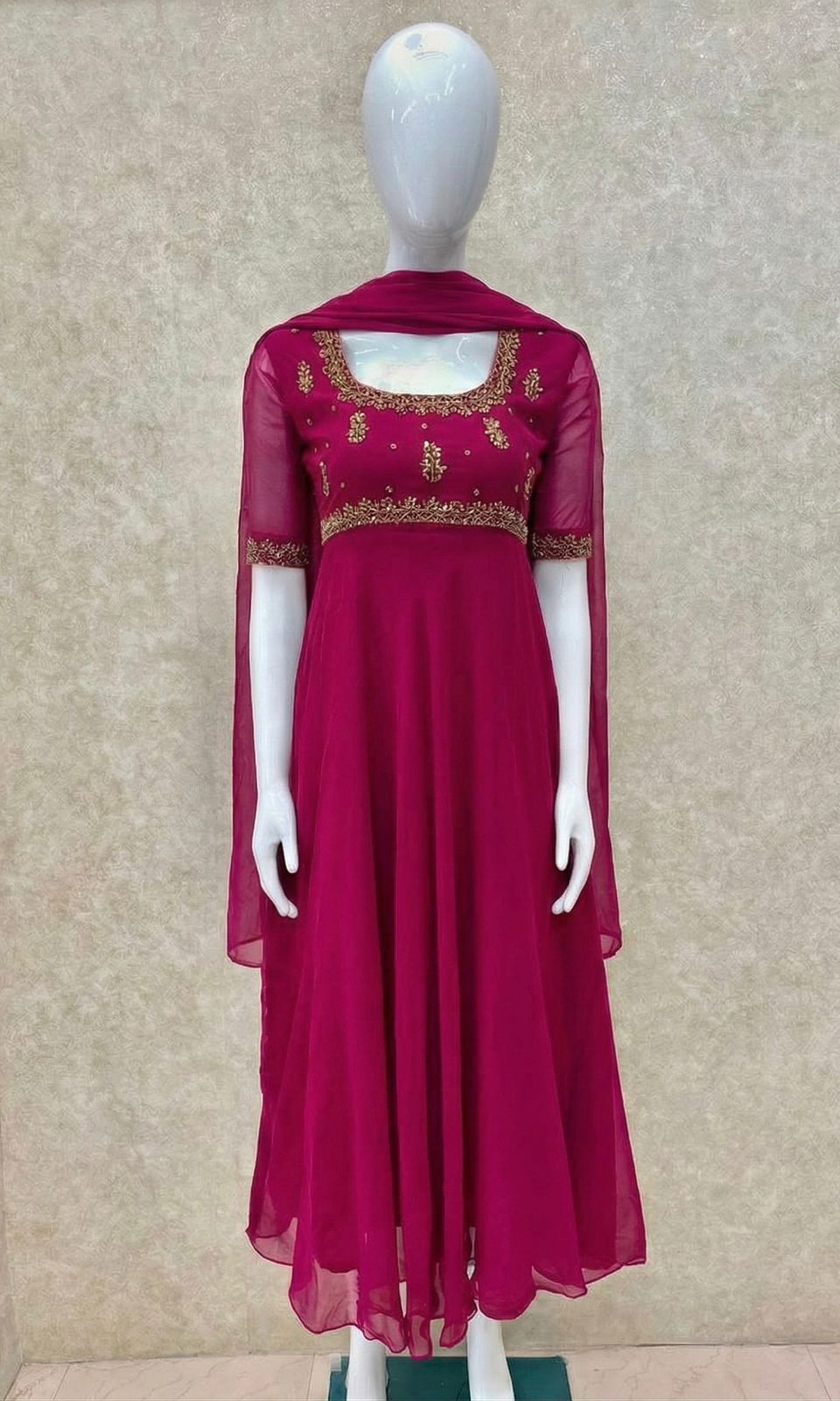 #TH209 / Georgette / Long Top Dupatta Set / Elbow sleeves / Pink - Image 2