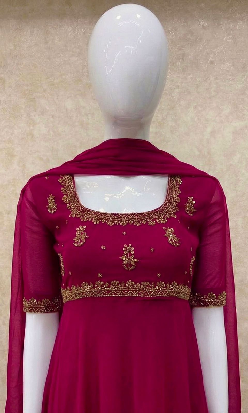 #TH209 / Georgette / Long Top Dupatta Set / Elbow sleeves / Pink