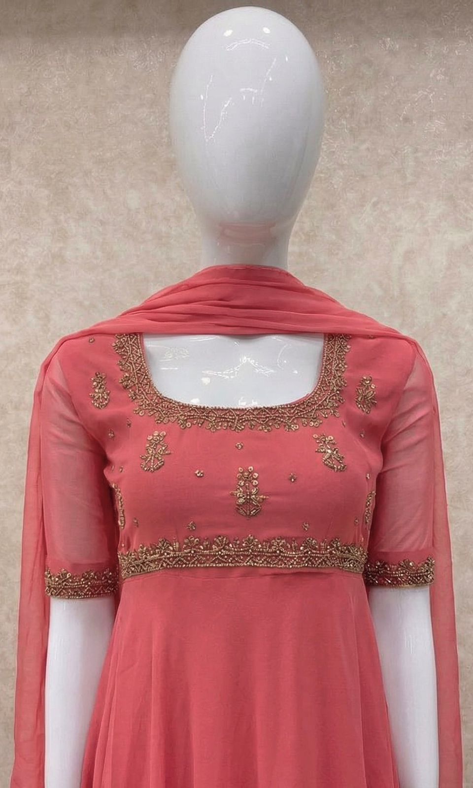 #TH209 / Georgette / Long Top Dupatta Set / Elbow sleeves / Peach