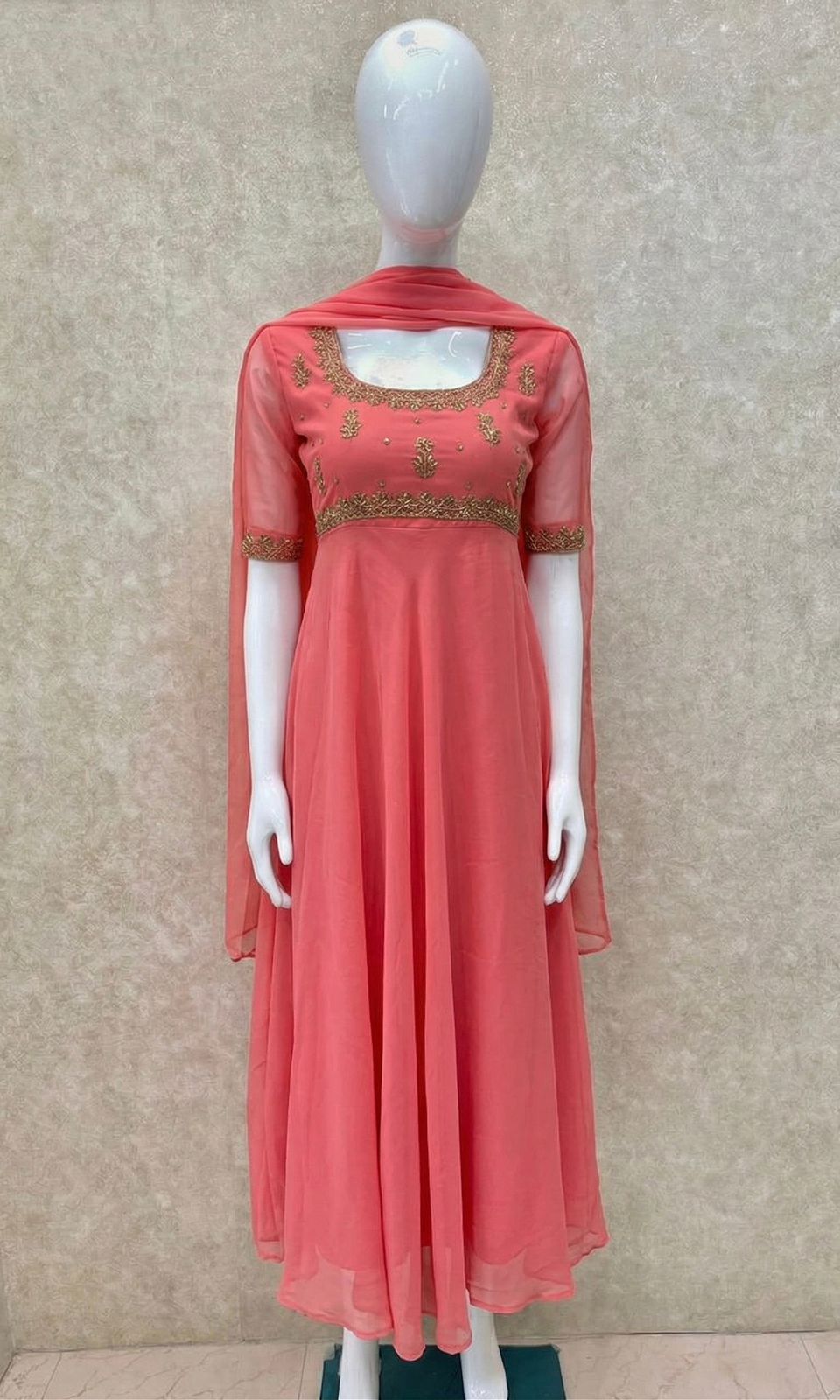 #TH209 / Georgette / Long Top Dupatta Set / Elbow sleeves / Peach - Image 2