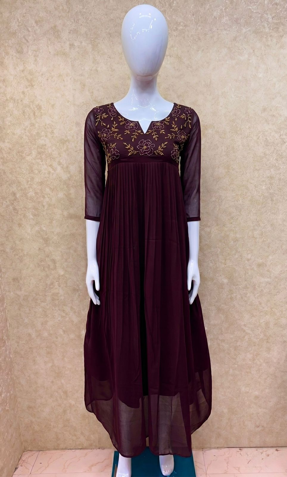 #TH214 / Long Pleated Kurti / Rose Flower Handwork / Coffee - Image 2