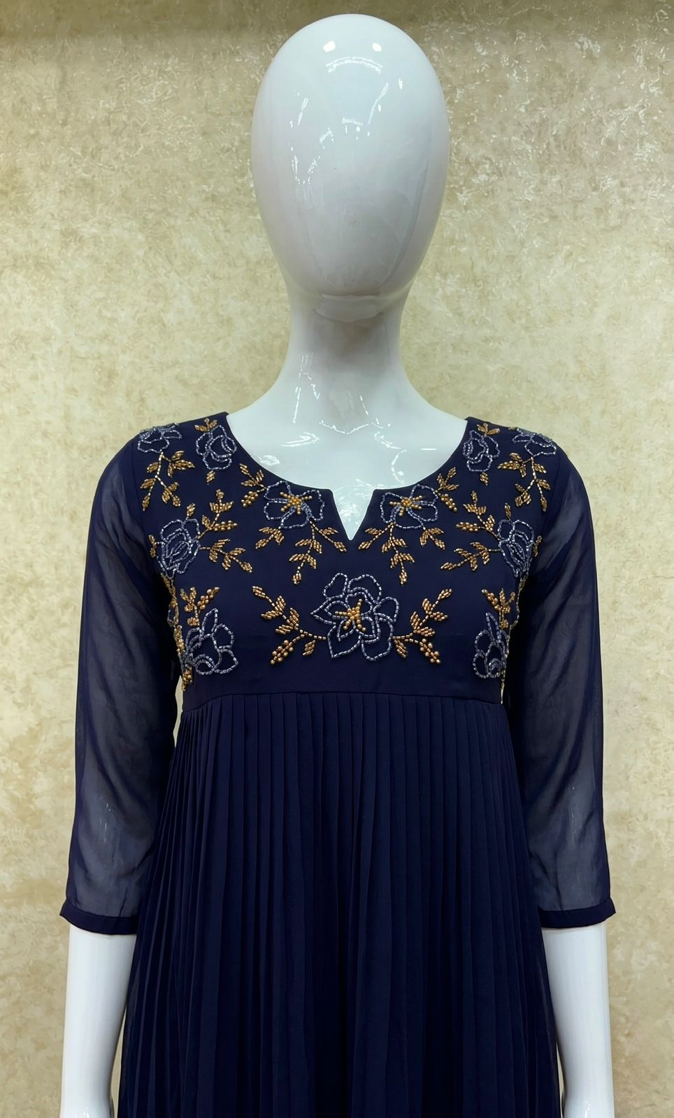 #TH214 / Long Pleated Kurti / Rose Flower Handwork / Navy Blue