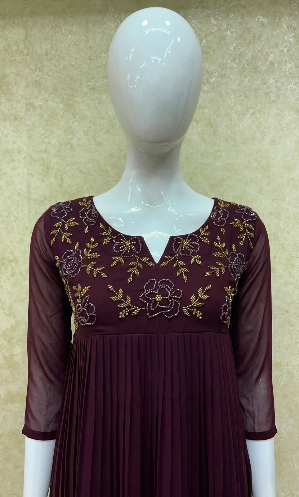 #TH214 / Long Pleated Kurti / Rose Flower Handwork / Coffee