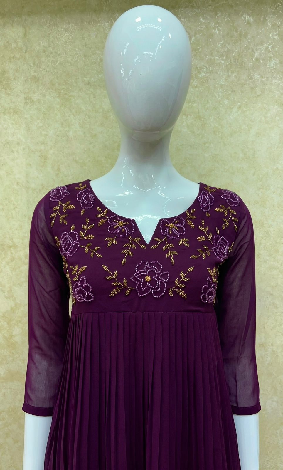#TH214 / Long Pleated Kurti / Rose Flower Handwork / Dark Purple