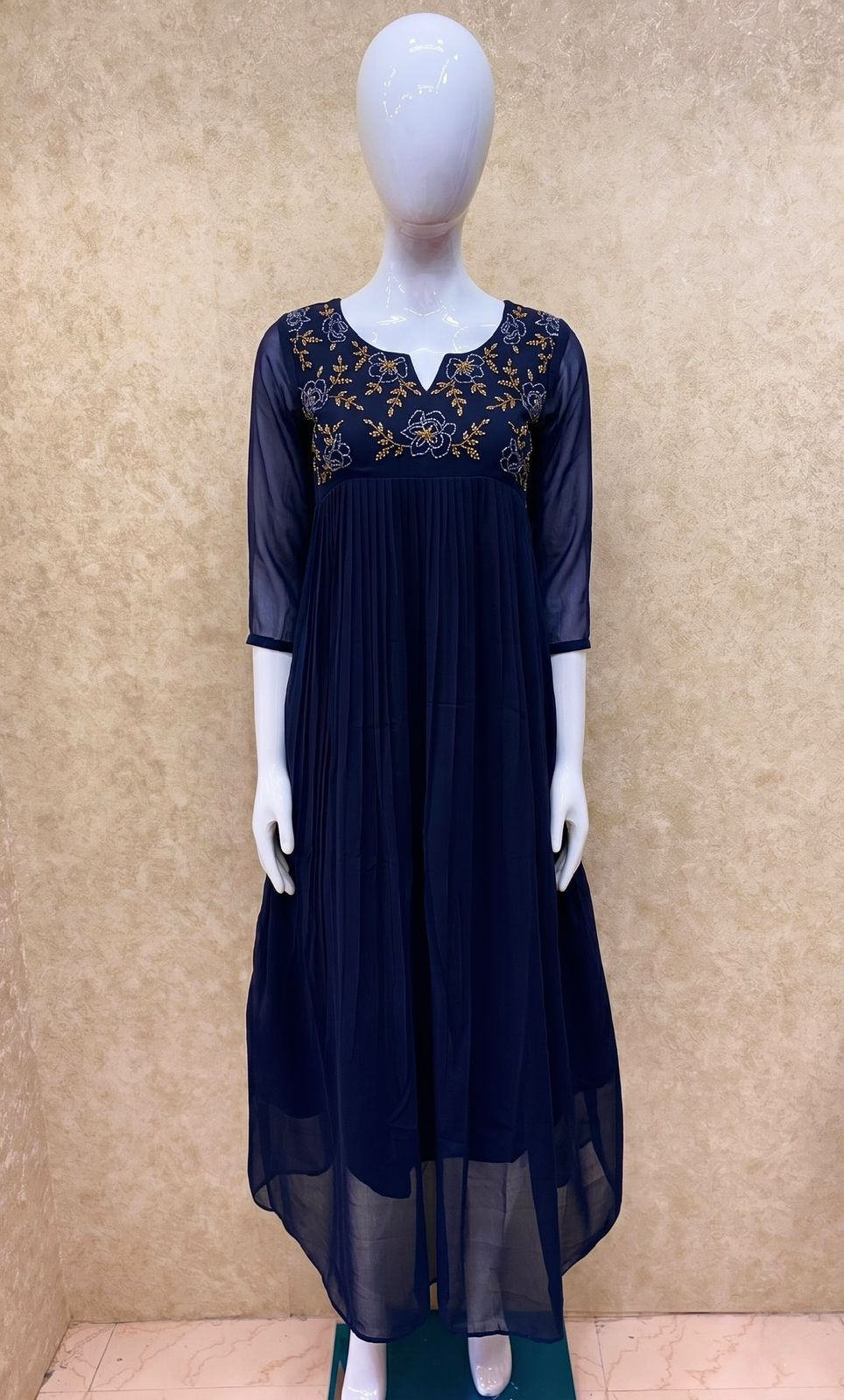 #TH214 / Long Pleated Kurti / Rose Flower Handwork / Navy Blue - Image 2