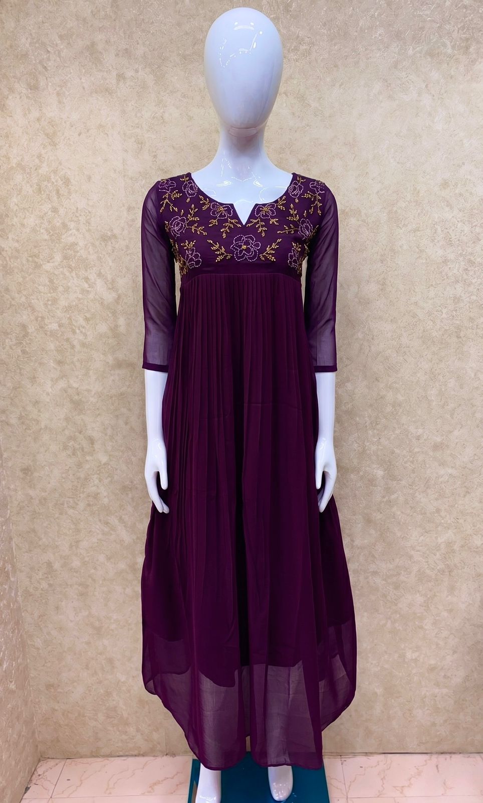 #TH214 / Long Pleated Kurti / Rose Flower Handwork / Dark Purple - Image 2