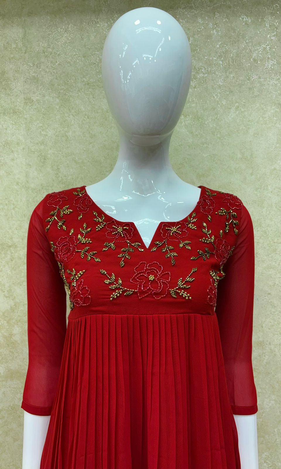 #TH214 / Long Pleated Kurti / Rose Flower Handwork / Red