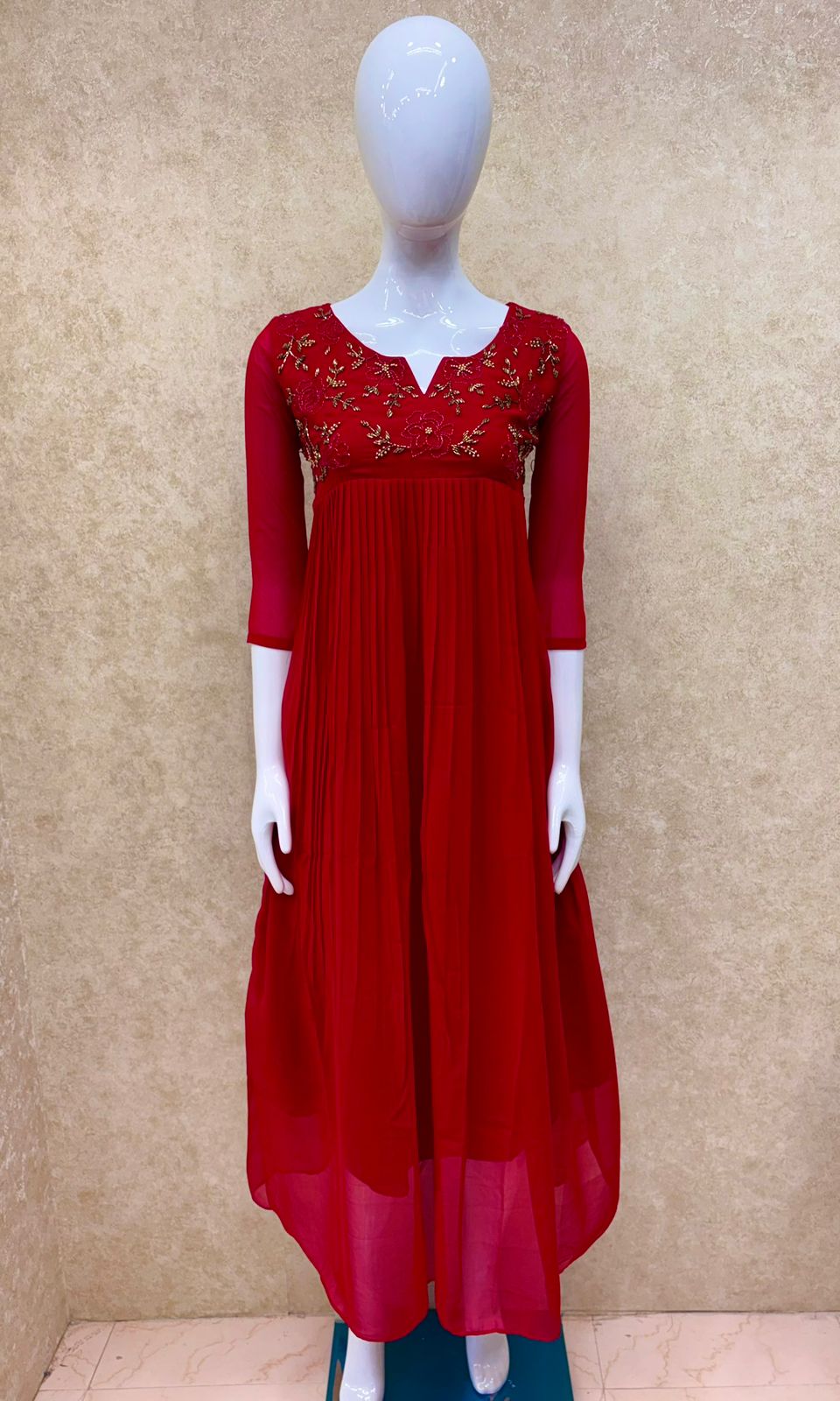 #TH214 / Long Pleated Kurti / Rose Flower Handwork / Red - Image 2