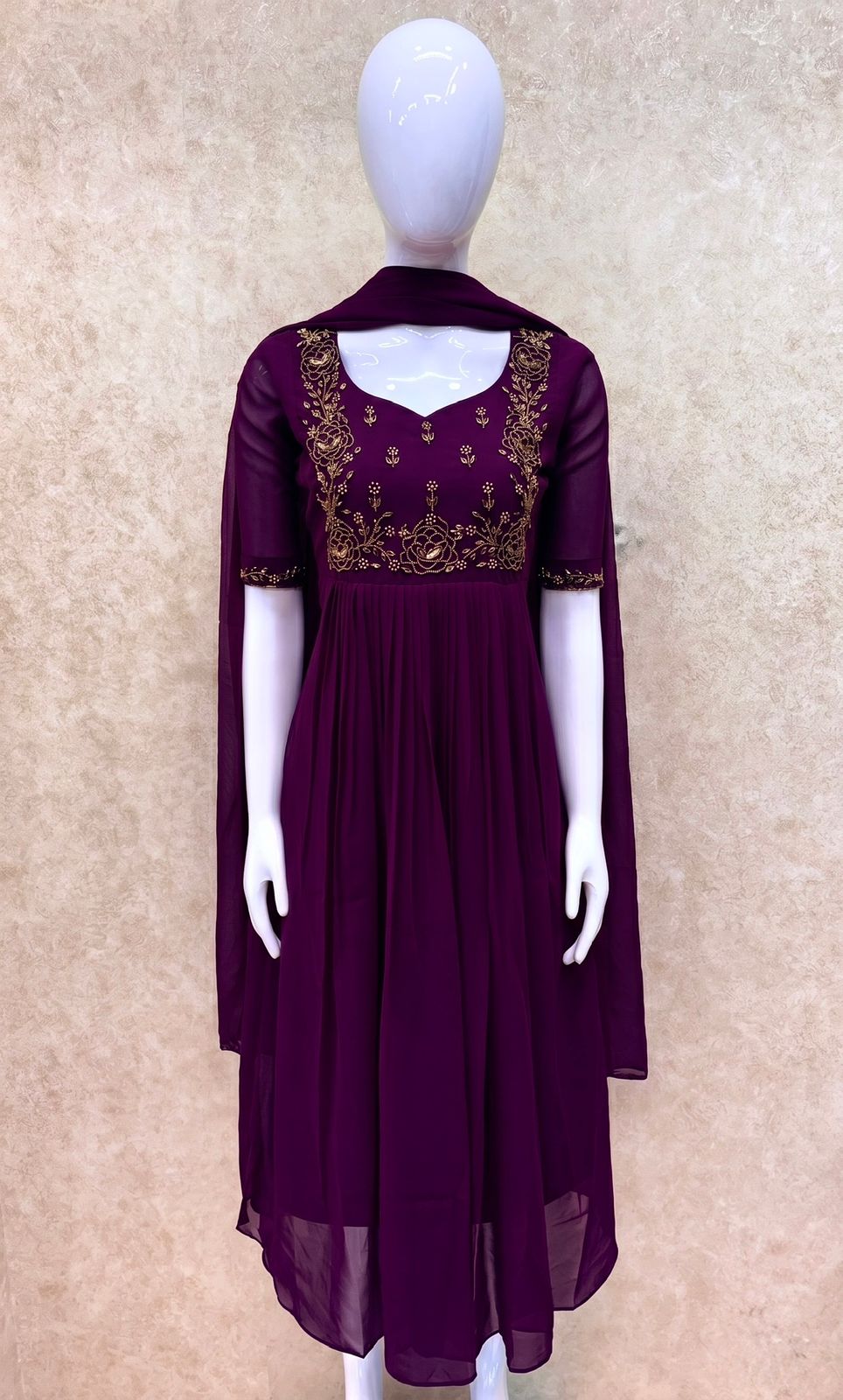 #TH216 / Long Top Dupatta Set / Pleated / Elbow sleeves / Dark Purple - Image 2
