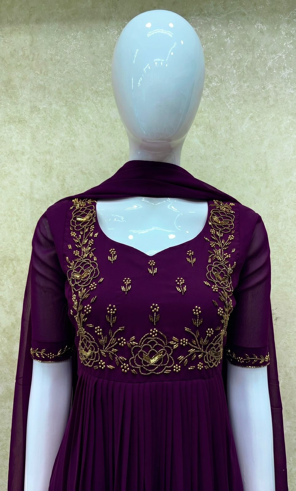 #TH216 / Long Top Dupatta Set / Pleated / Elbow sleeves / Dark Purple