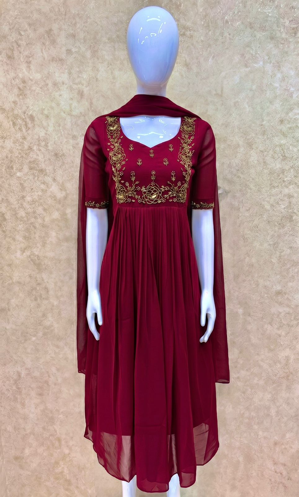 #TH216 / Long Top Dupatta Set / Pleated / Elbow sleeves / Maroon - Image 2