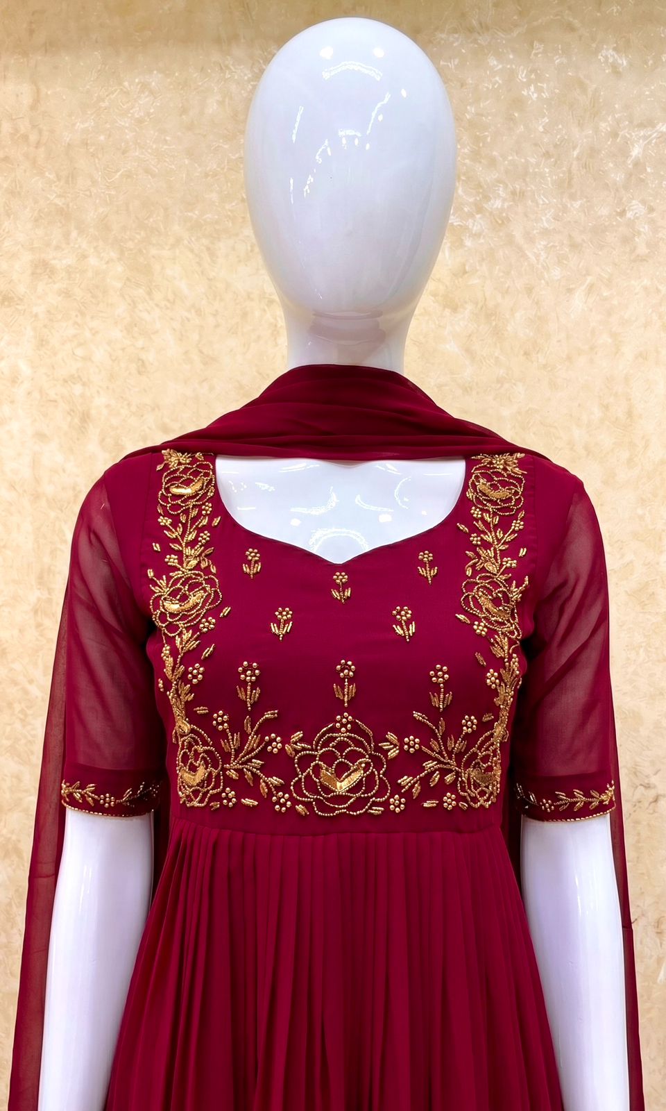 #TH216 / Long Top Dupatta Set / Pleated / Elbow sleeves / Maroon