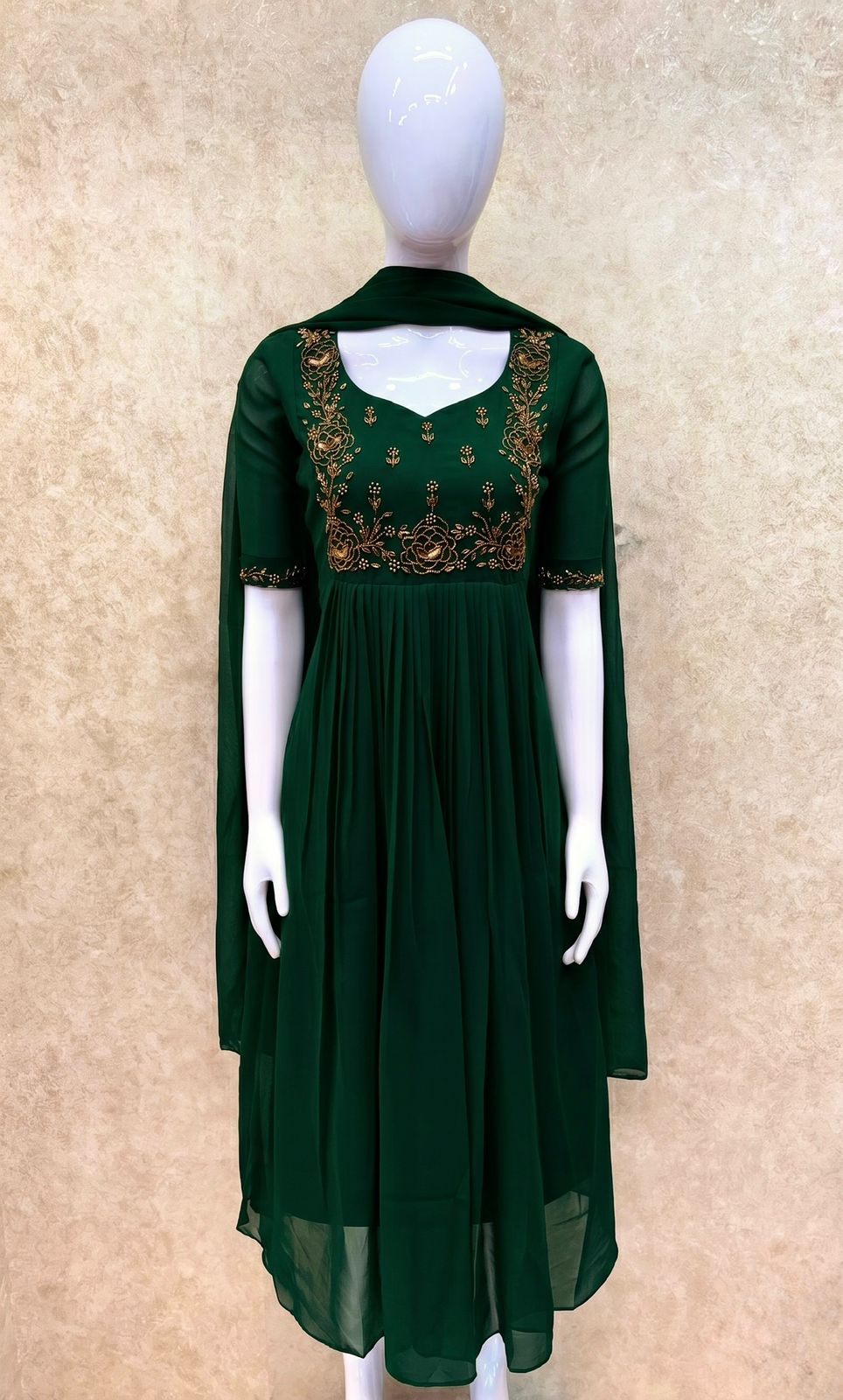 #TH216 / Long Top Dupatta Set / Pleated / Elbow sleeves / Bottle Green - Image 2