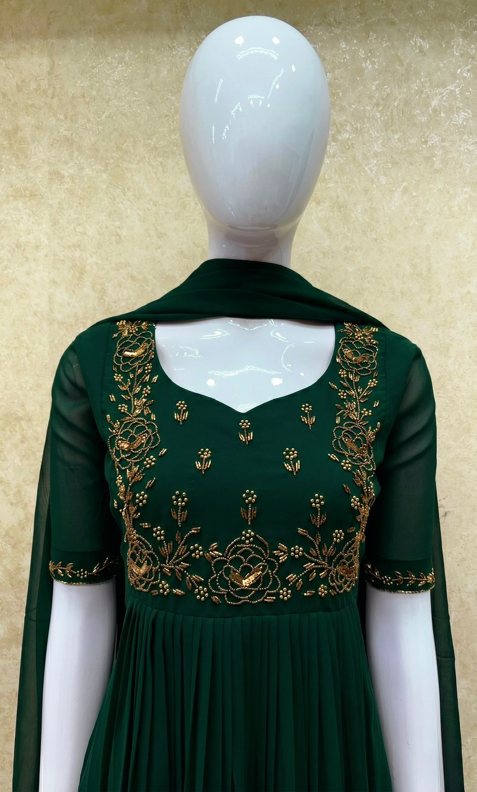 #TH216 / Long Top Dupatta Set / Pleated / Elbow sleeves / Bottle Green