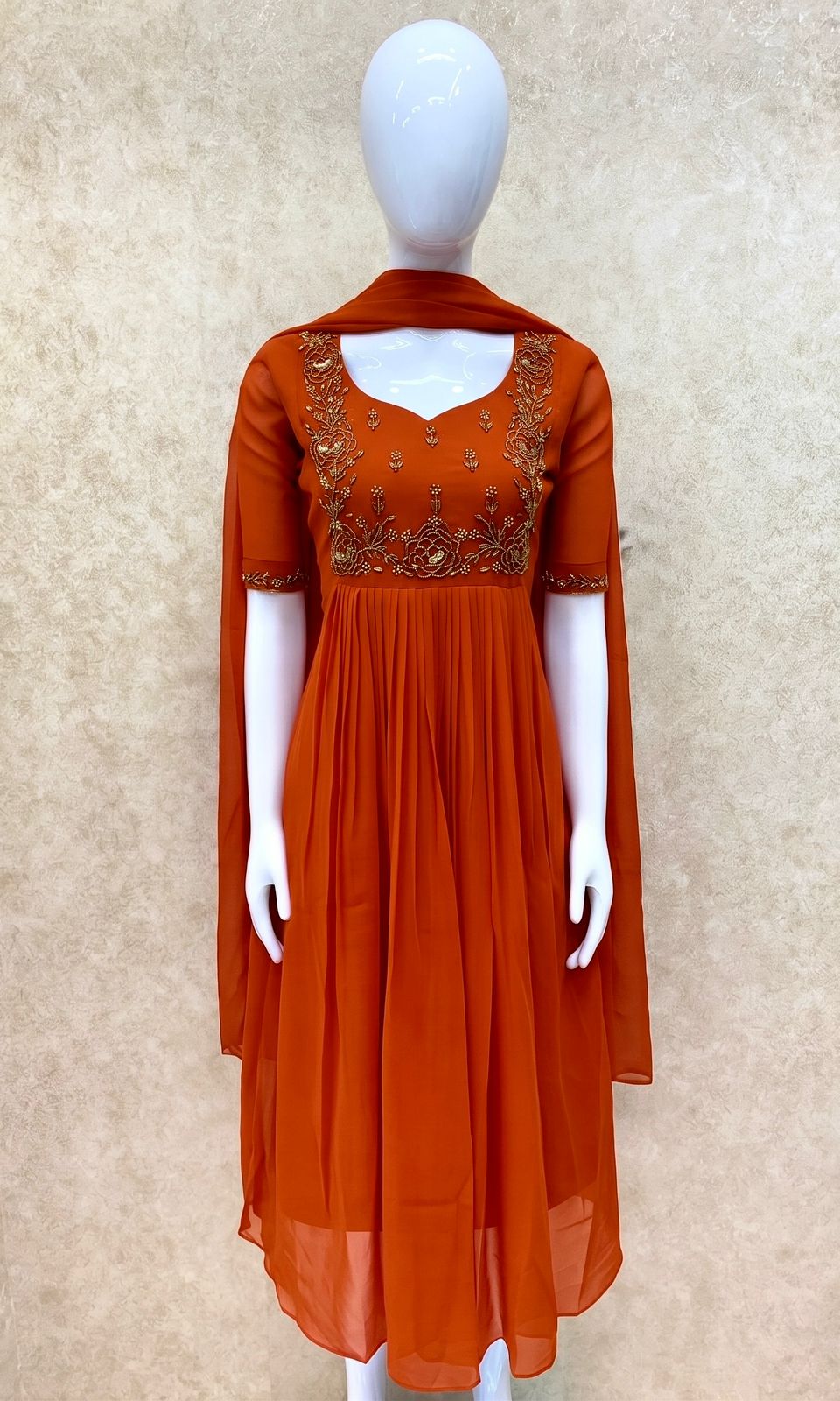 #TH216 / Long Top Dupatta Set / Pleated / Elbow sleeves / Orange - Image 2