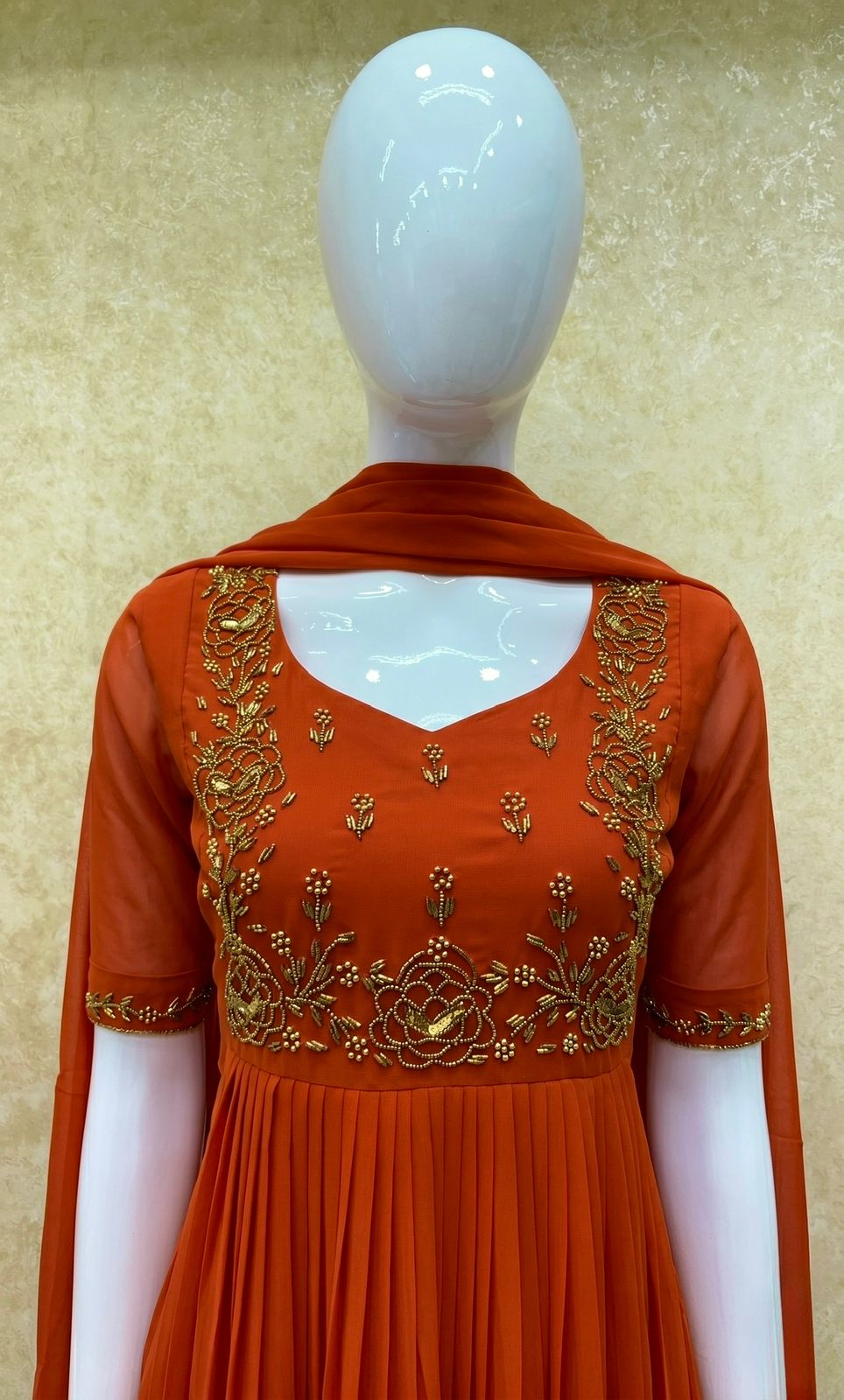 #TH216 / Long Top Dupatta Set / Pleated / Elbow sleeves / Orange