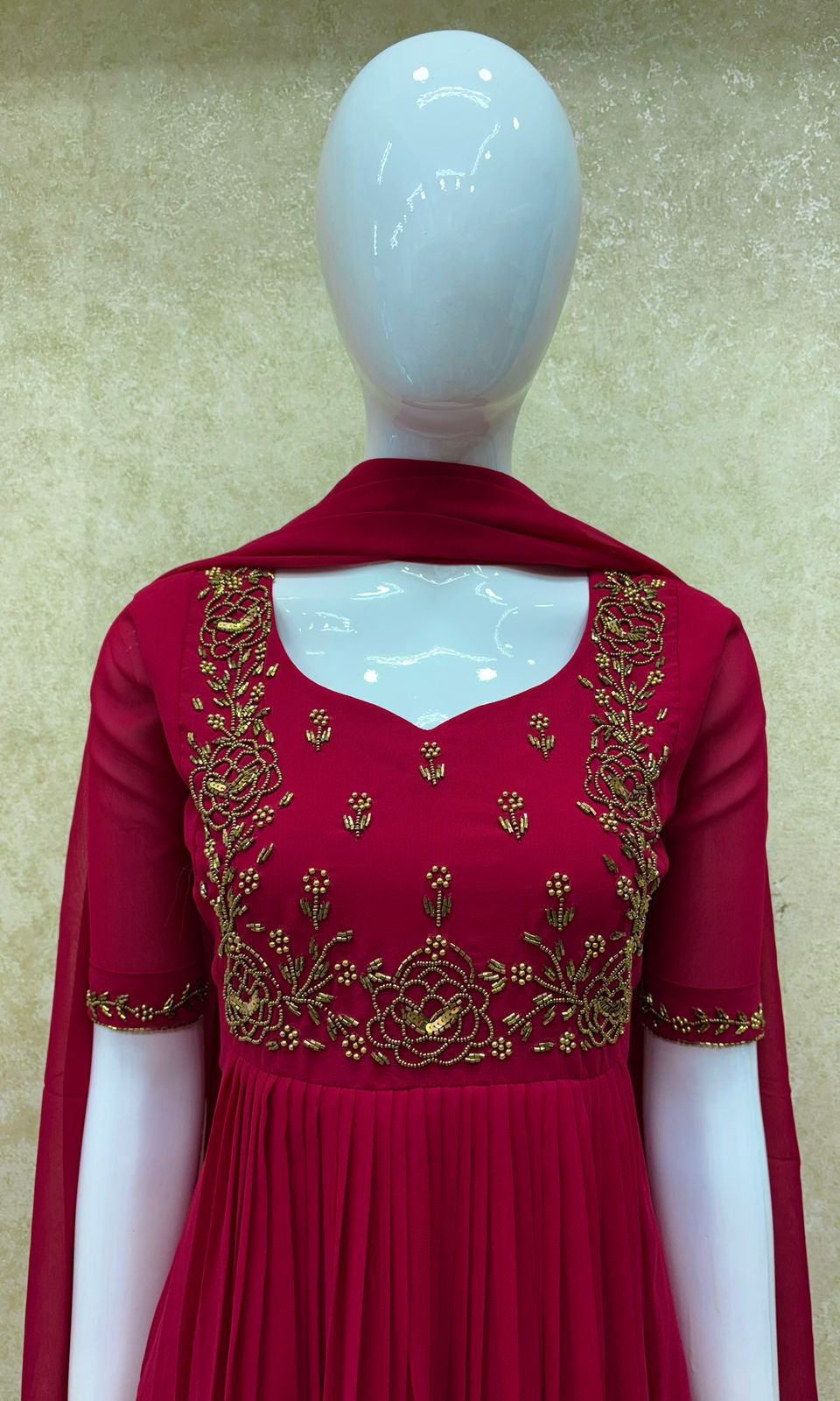 #TH216 / Long Top Dupatta Set / Pleated / Elbow sleeves / Hot Pink