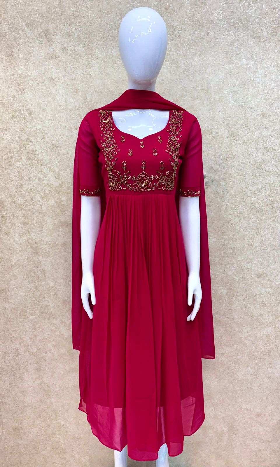 #TH216 / Long Top Dupatta Set / Pleated / Elbow sleeves / Hot Pink - Image 2