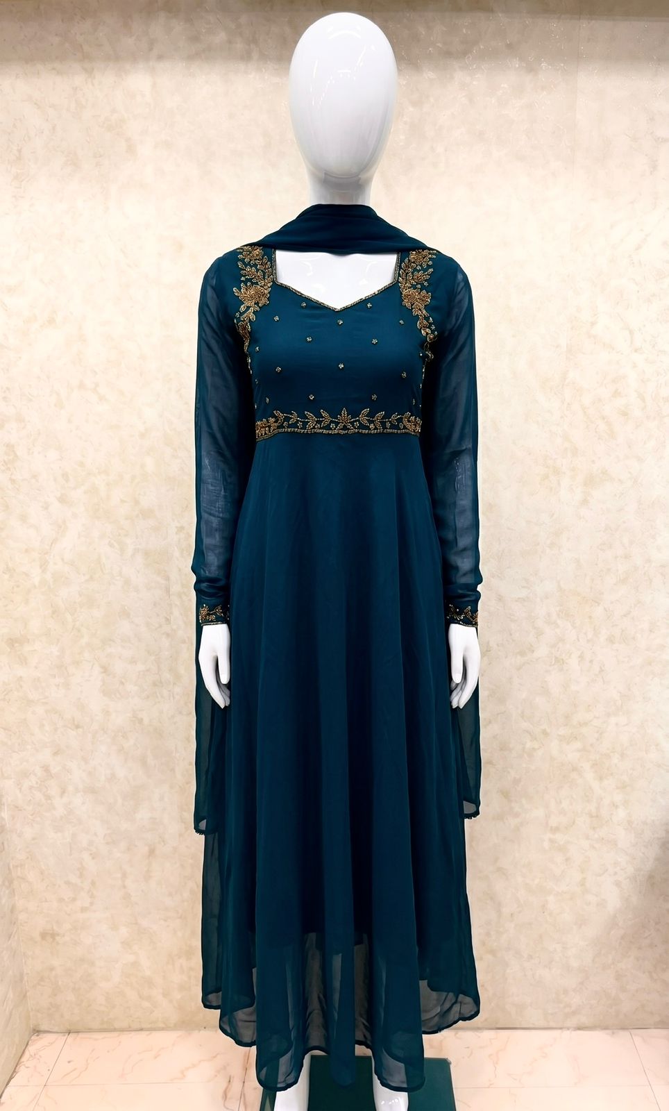 #TH204 / Georgette / Long Top Dupatta Set / Full Length / Full sleeves / Teal Blue - Image 2