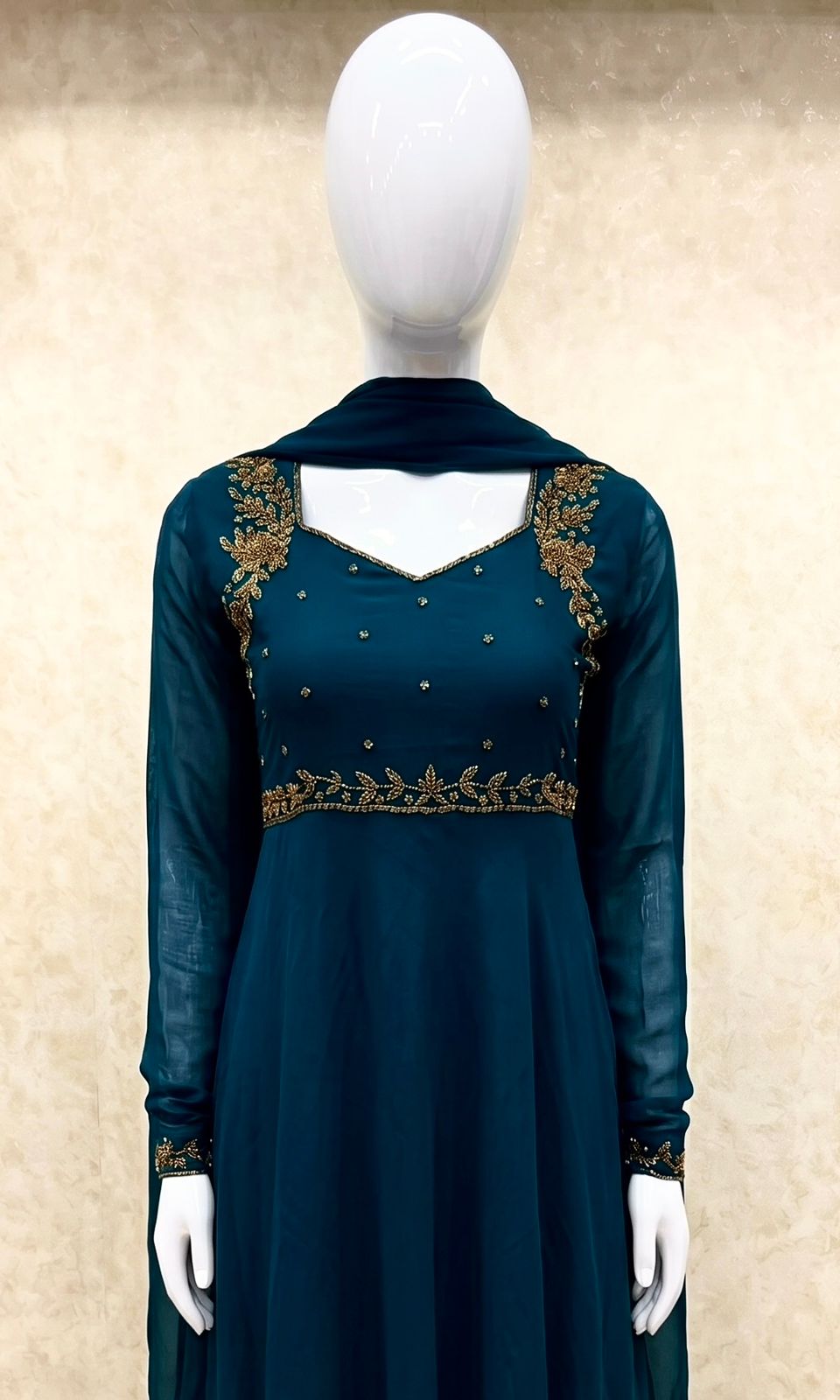 #TH204 / Georgette / Long Top Dupatta Set / Full Length / Full sleeves / Teal Blue