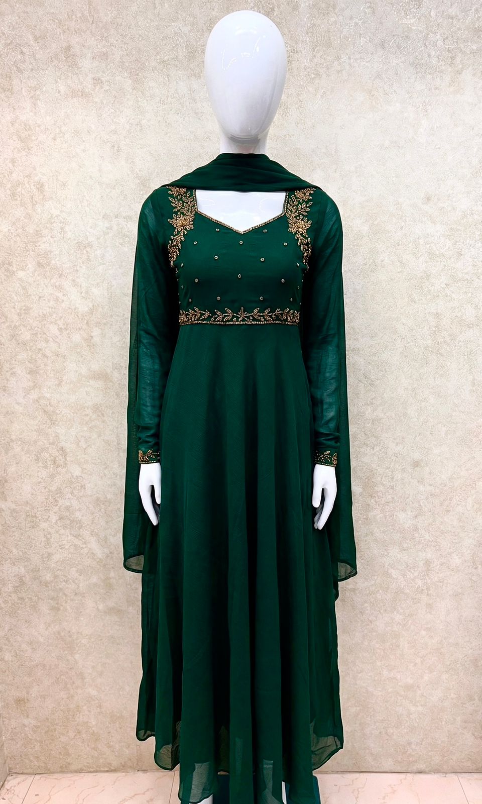 #TH204 / Georgette / Long Top Dupatta Set / Full Length / Full sleeves /Dark Green - Image 2