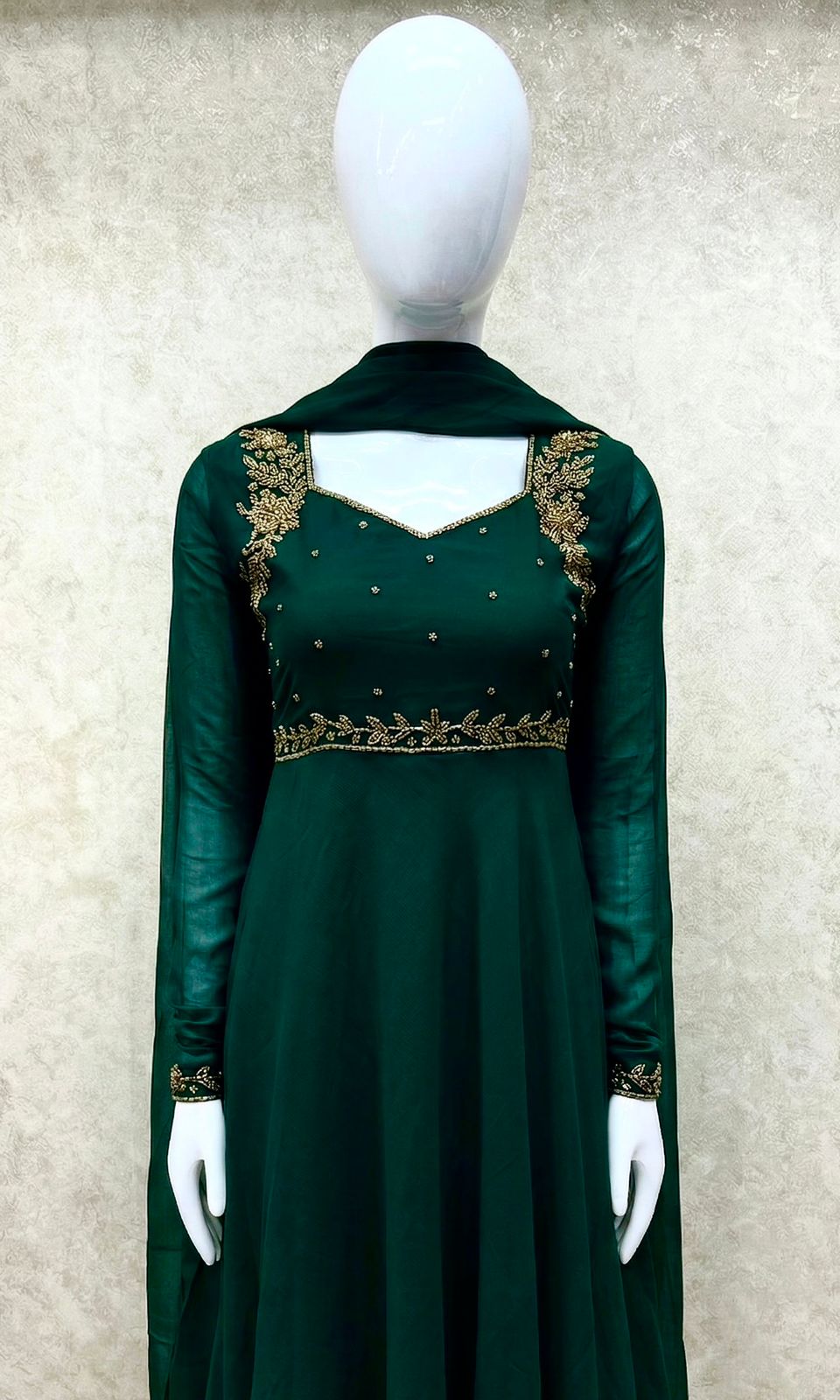 #TH204 / Georgette / Long Top Dupatta Set / Full Length / Full sleeves /Dark Green