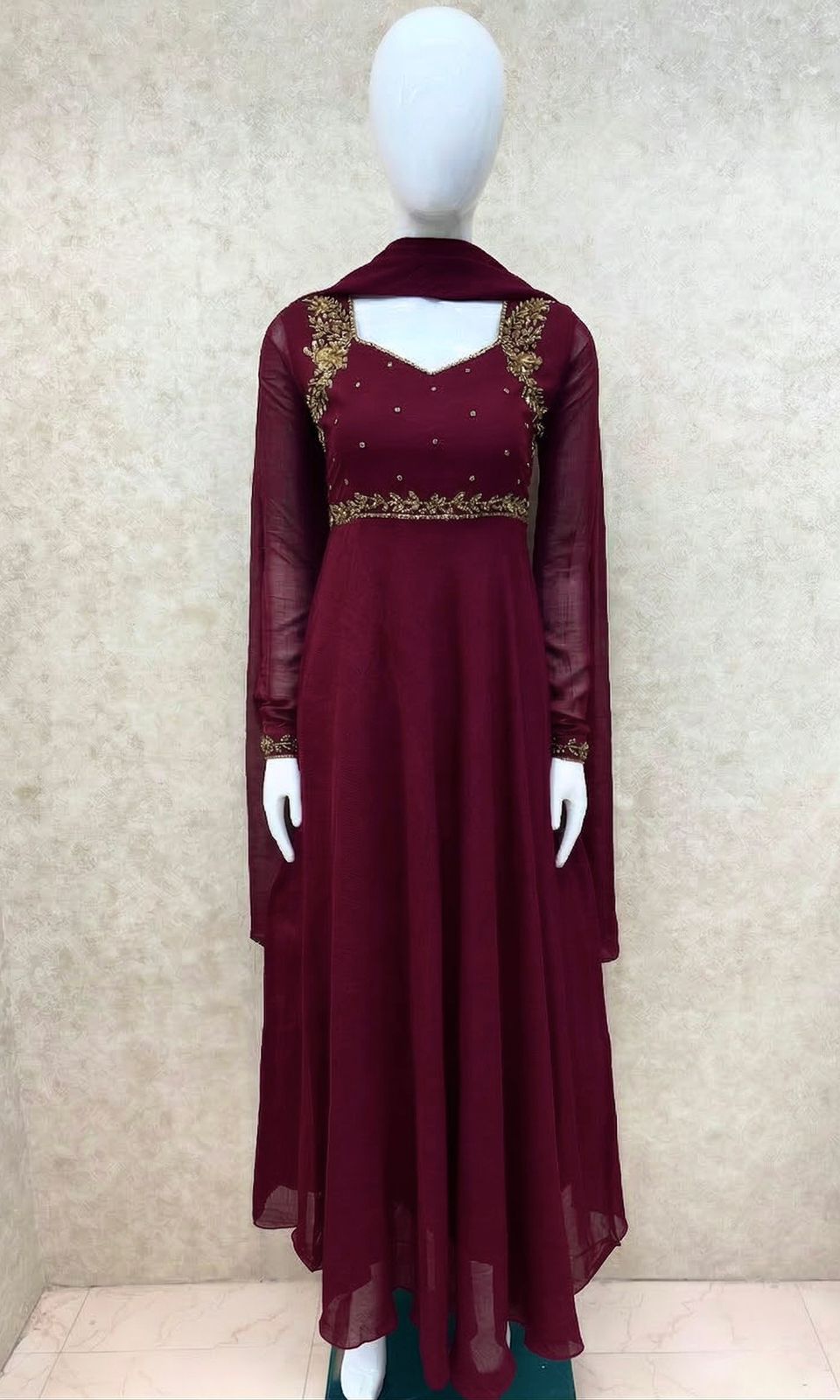 #TH204 / Georgette / Long Top Dupatta Set / Full Length / Full sleeves / Dark Maroon - Image 2