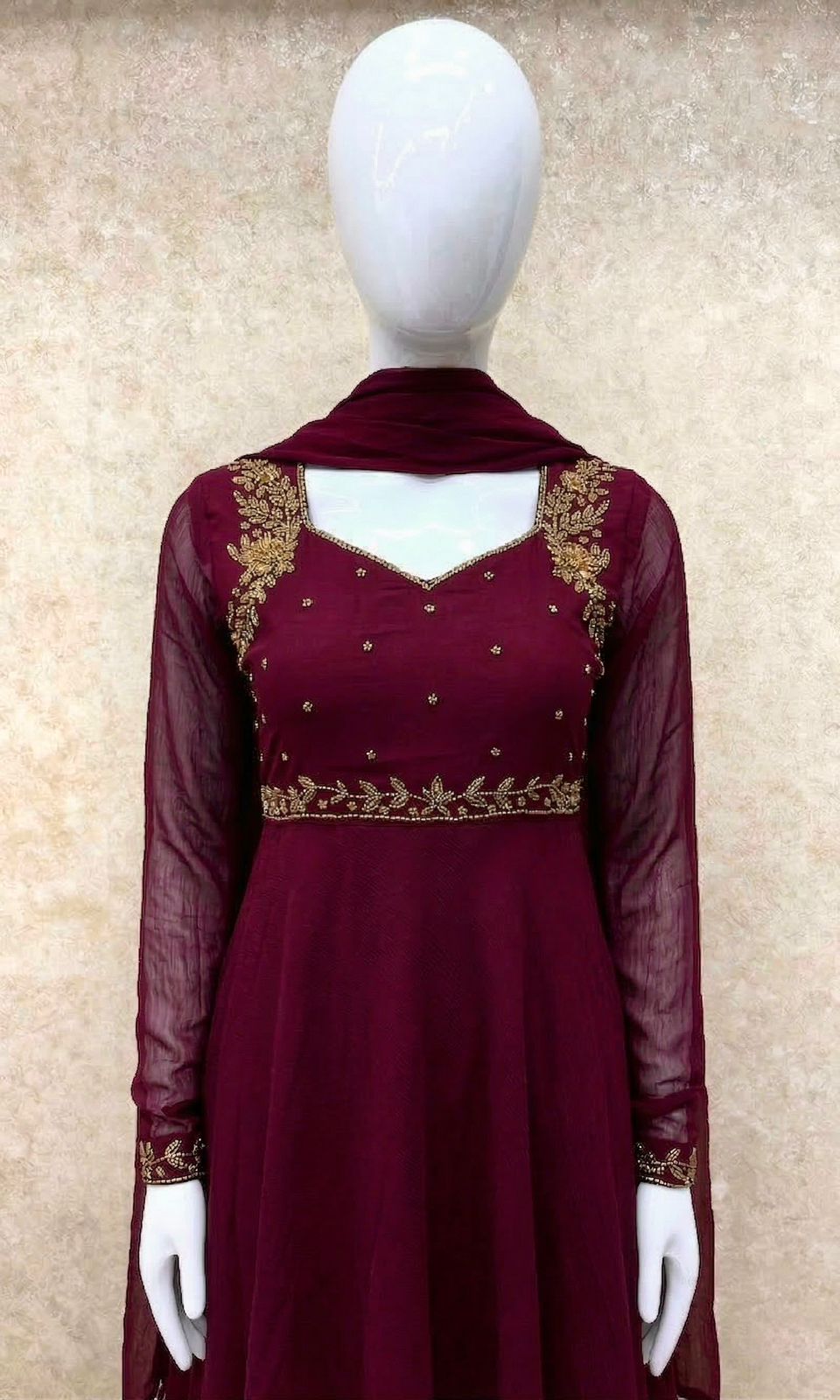 #TH204 / Georgette / Long Top Dupatta Set / Full Length / Full sleeves / Dark Maroon