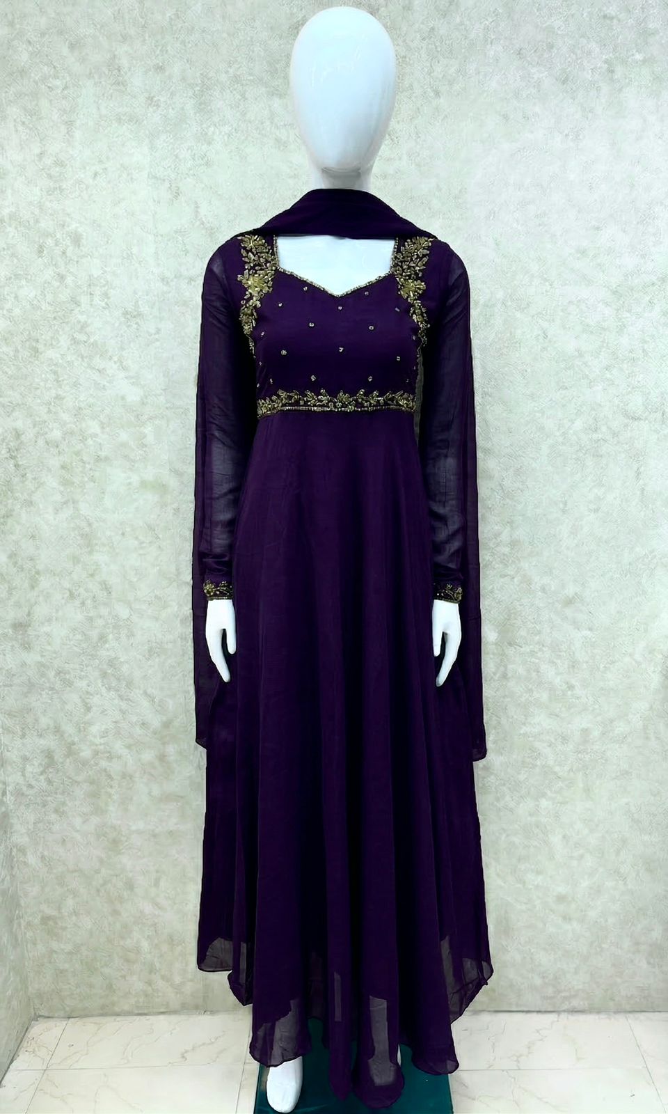 #TH204 / Georgette / Long Top Dupatta Set / Full Length / Full sleeves / Dark Violet - Image 2