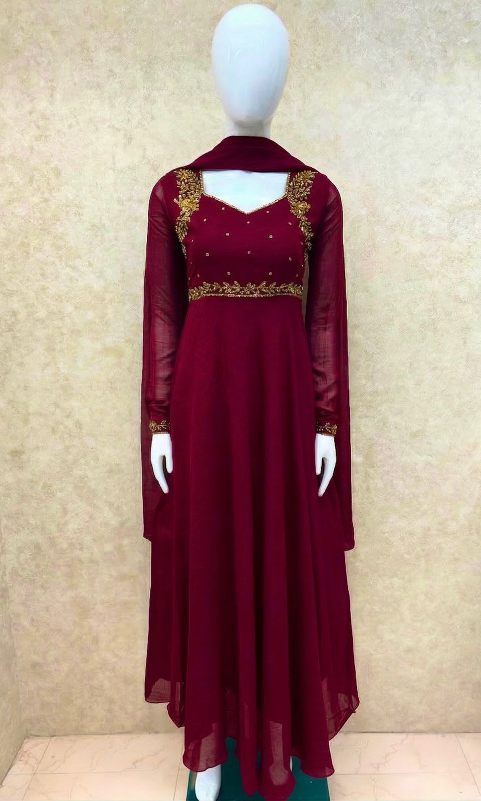 #TH204 / Georgette / Long Top Dupatta Set / Full Length / Full sleeves / Reddish Maroon - Image 2