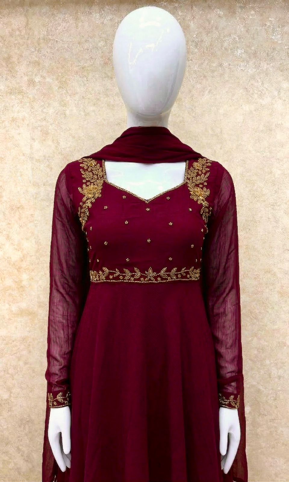 #TH204 / Georgette / Long Top Dupatta Set / Full Length / Full sleeves / Reddish Maroon