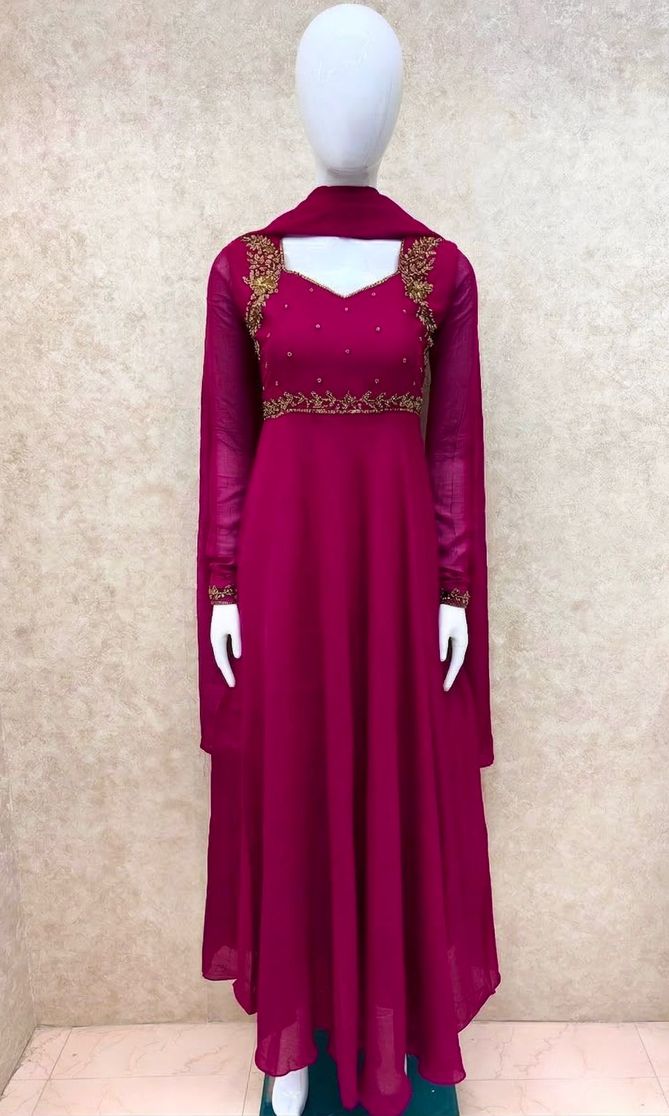 #TH204 / Georgette / Long Top Dupatta Set / Full Length / Full sleeves / Dark Pink - Image 2