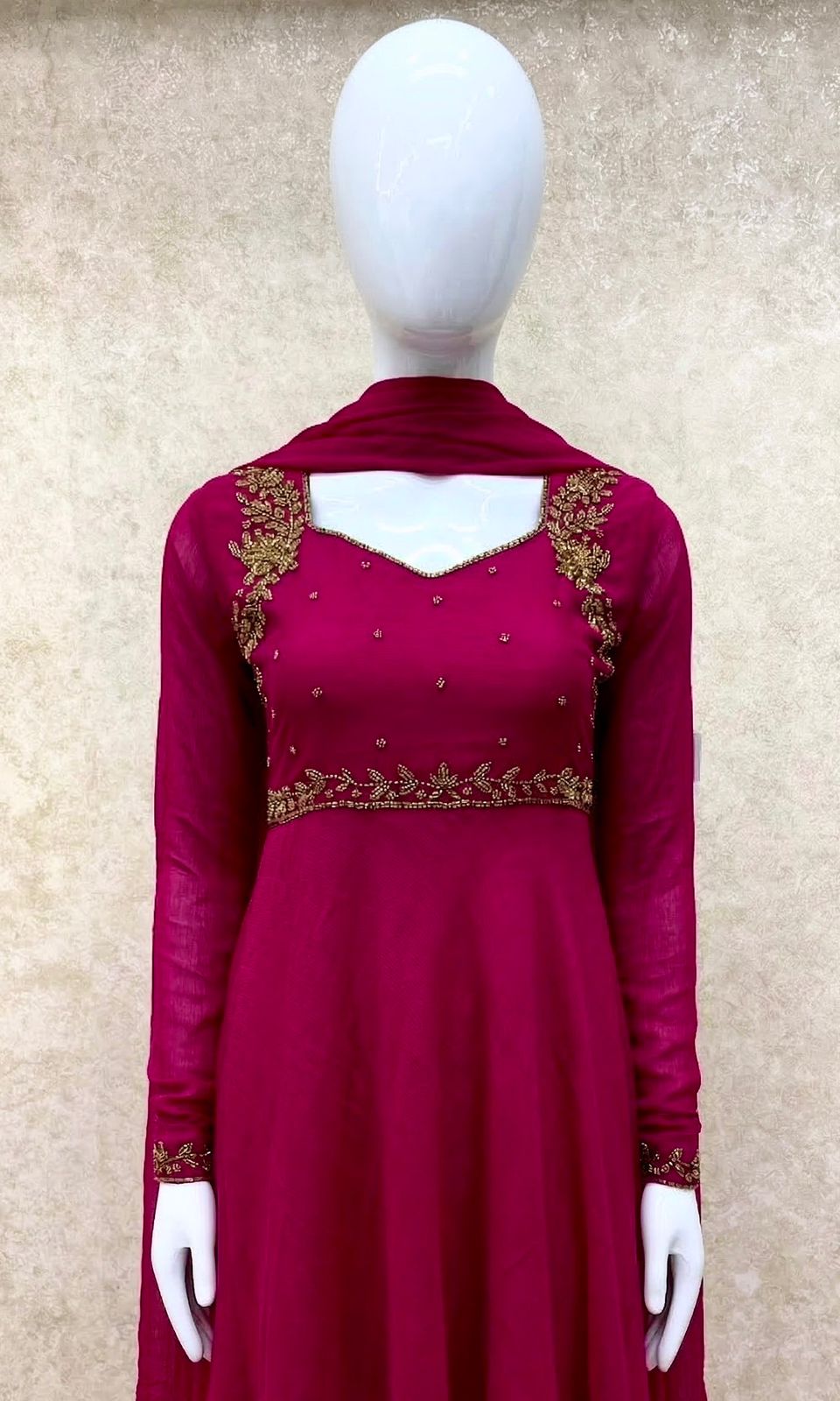 #TH204 / Georgette / Long Top Dupatta Set / Full Length / Full sleeves / Dark Pink
