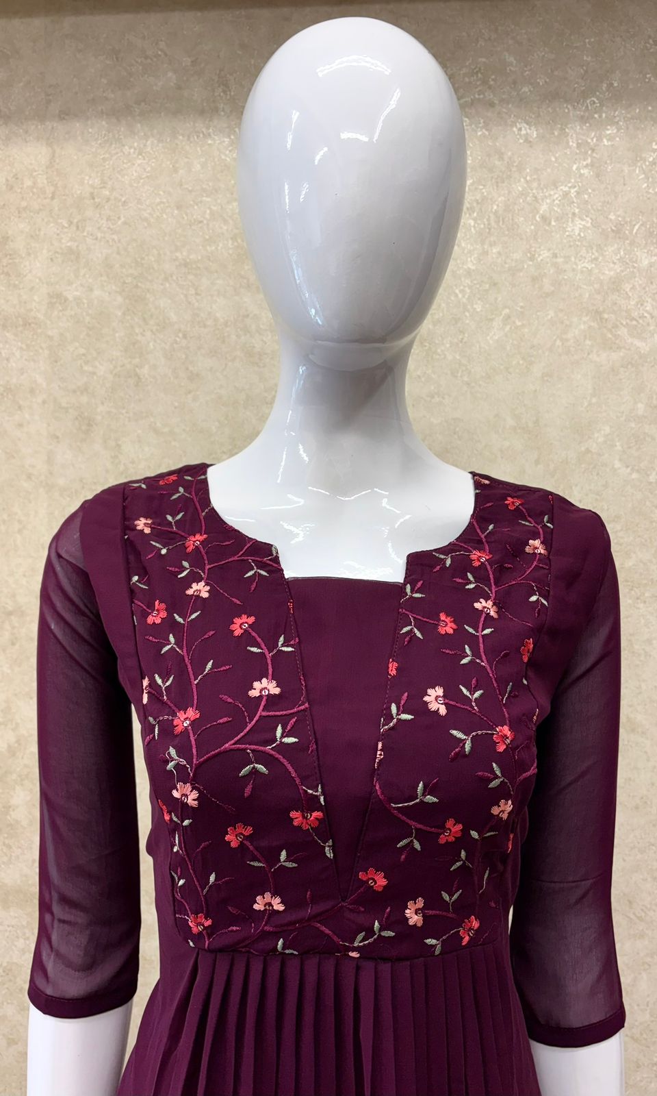 #TH194 / Georgette / Machine Embroidered / Pleated kurti / Dark Purple