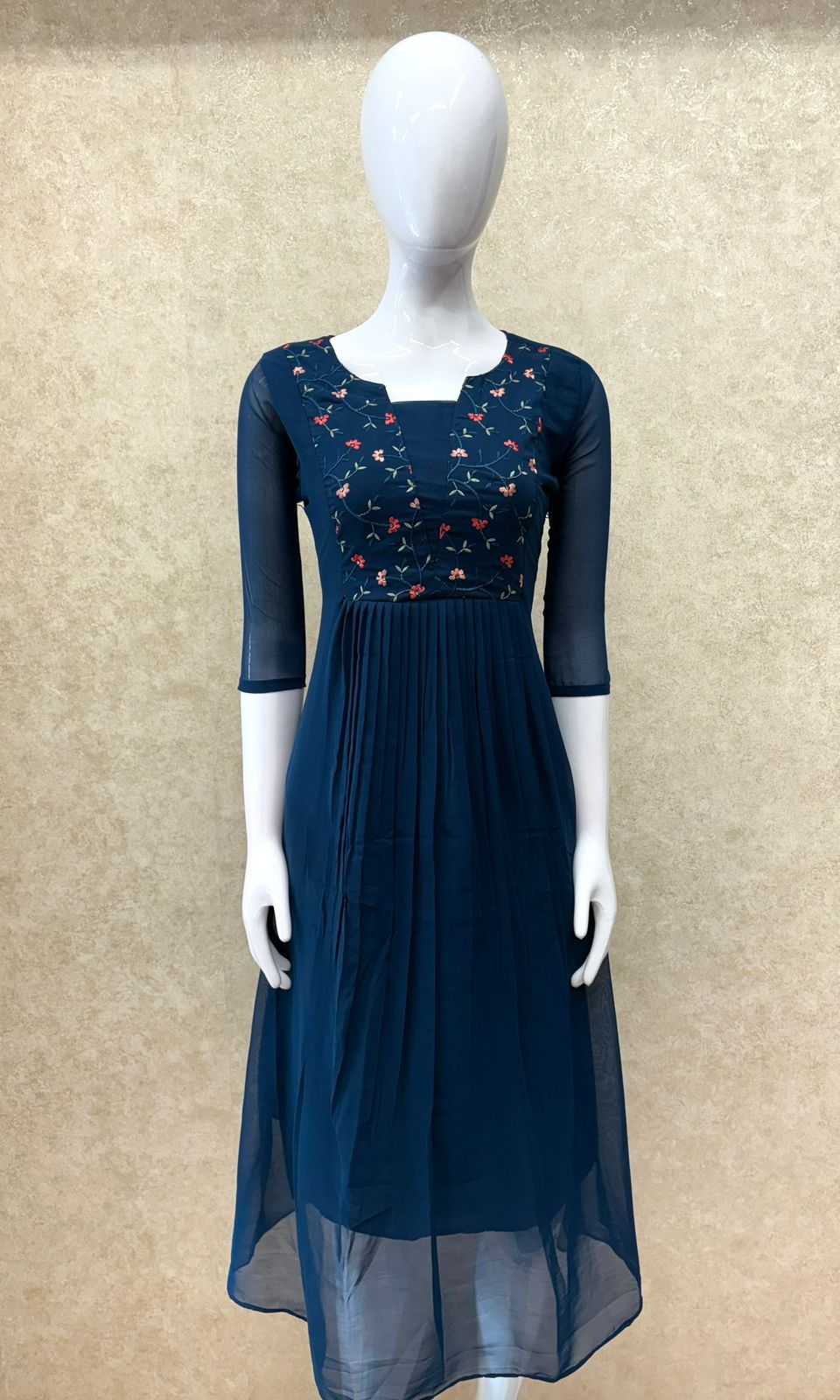 #TH194 / Georgette / Machine Embroidered / Pleated kurti / Teal Blue - Image 2