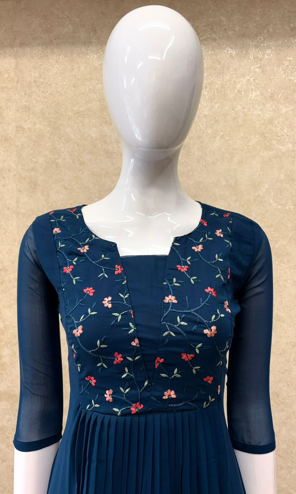 #TH194 / Georgette / Machine Embroidered / Pleated kurti / Teal Blue