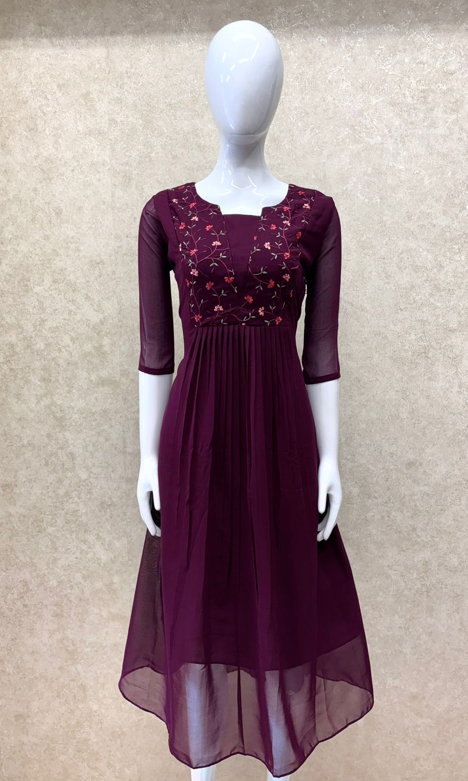 #TH194 / Georgette / Machine Embroidered / Pleated kurti / Dark Purple - Image 2