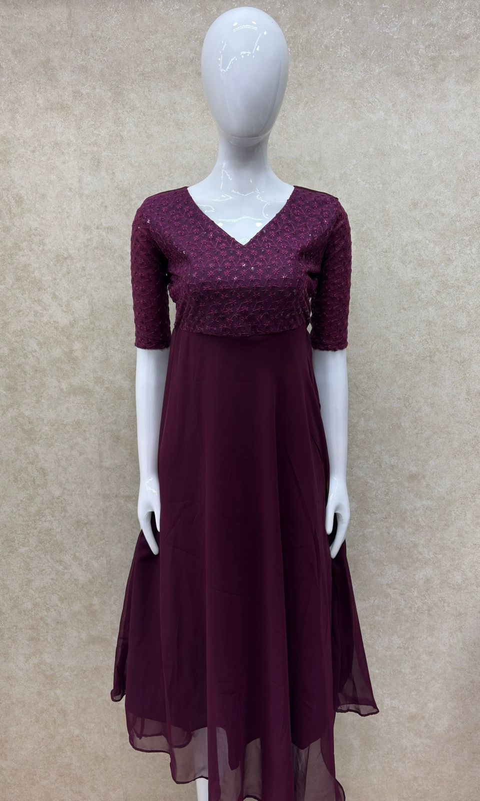 #TH190 / Flared Gown / Embellished Net / Wine - Image 2
