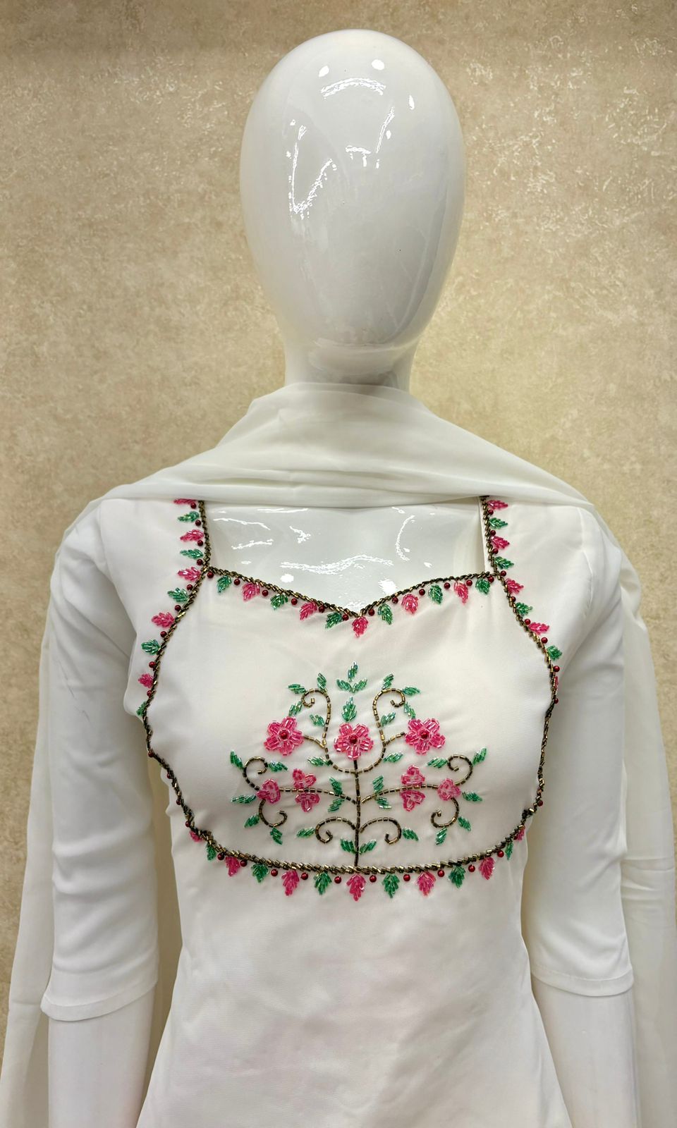 #TH184 / Top Dupatta Set / A-Line / Handwork04 / White