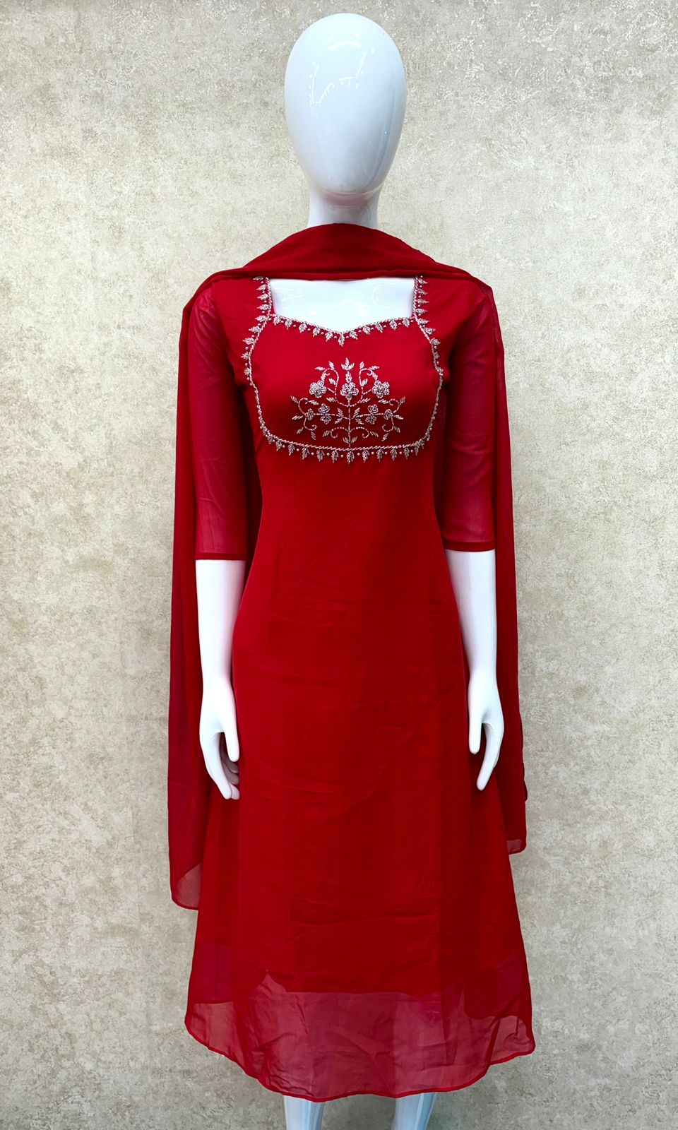 #TH184 / Top Dupatta Set / A-Line / Handwork04 / Red - Image 2