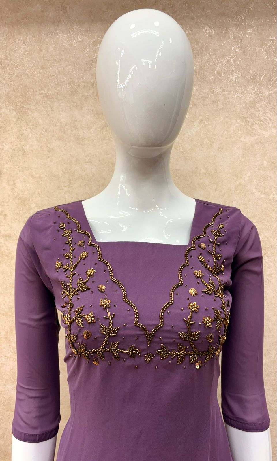 #TH181 / Pastel Georgette / Square Handwork Pattern / Purple
