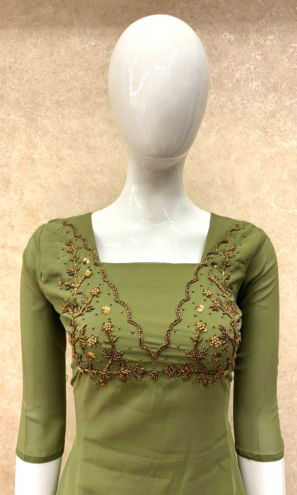 #TH181 / Pastel Georgette / Square Handwork Pattern / Parrot Green