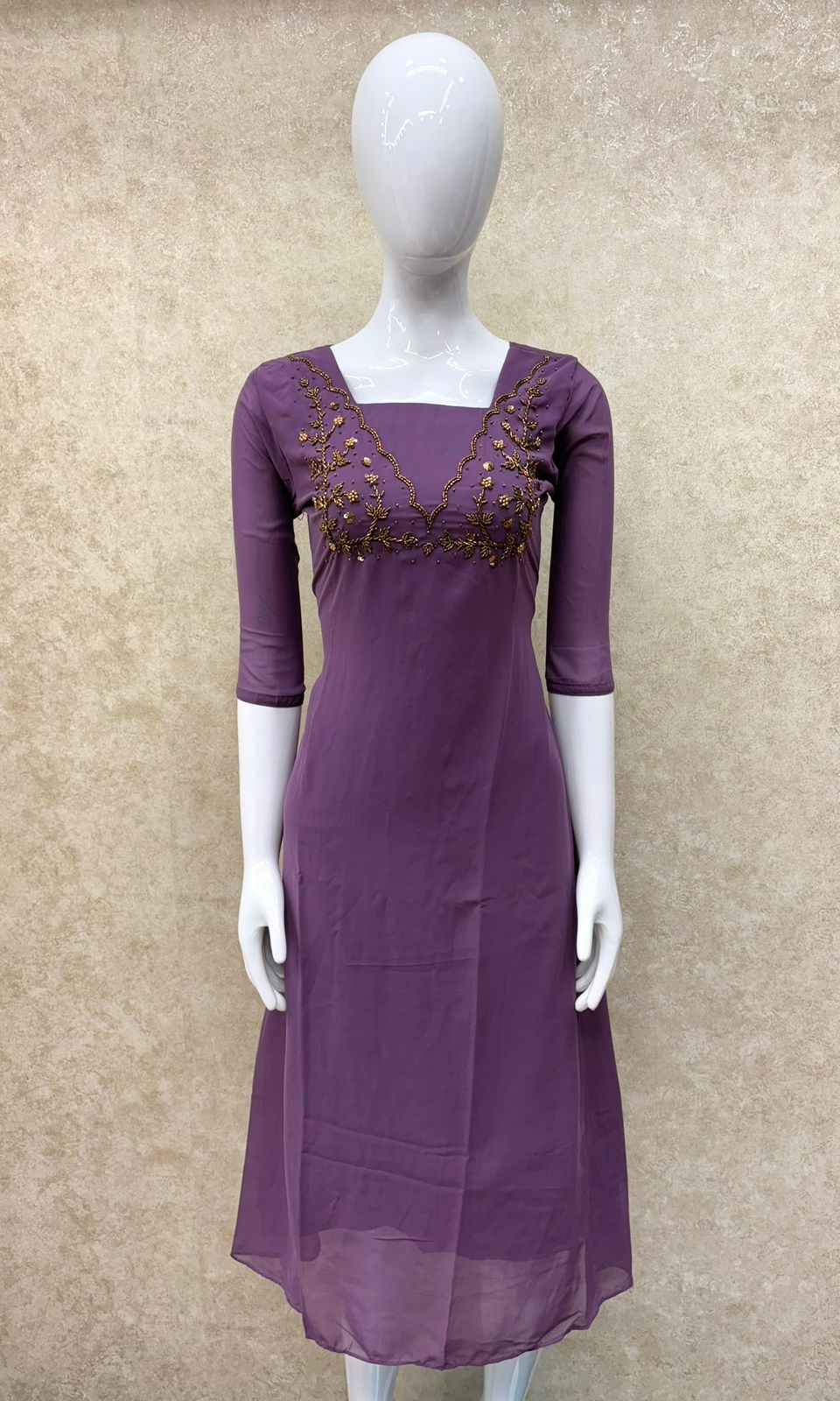 #TH181 / Pastel Georgette / Square Handwork Pattern / Purple - Image 2